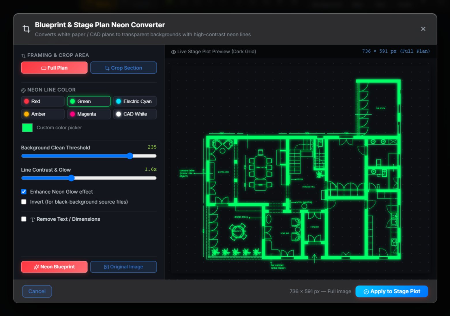 Blueprint to neon converter with the green preset