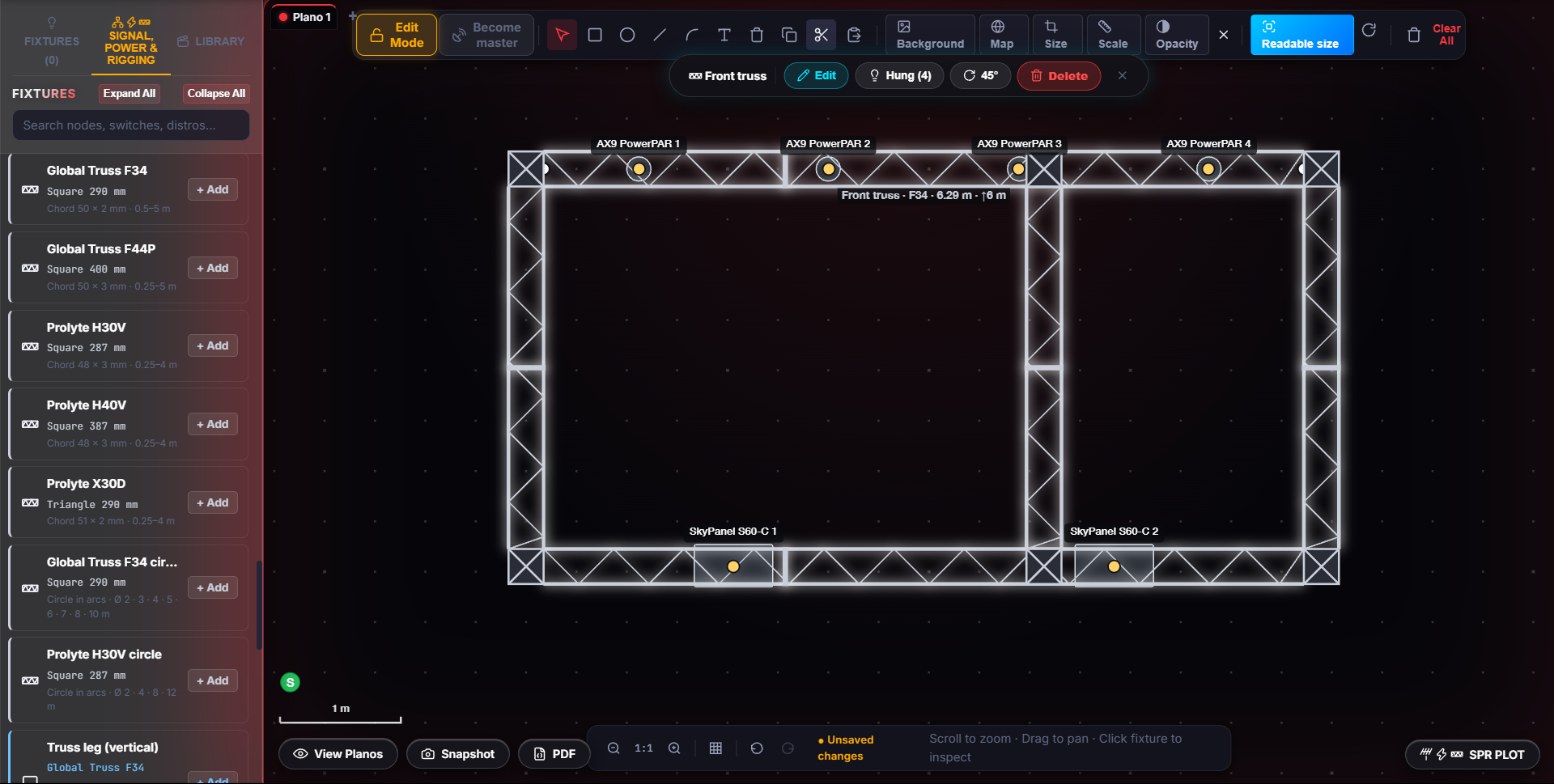 F34 truss frame with a T, box corners and hung fixtures