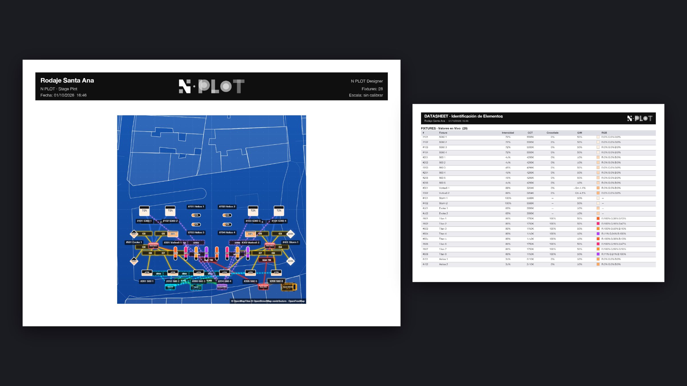 PDF exportado por N·PLOT: plano con cajetín y datasheet con los valores en vivo de cada aparato