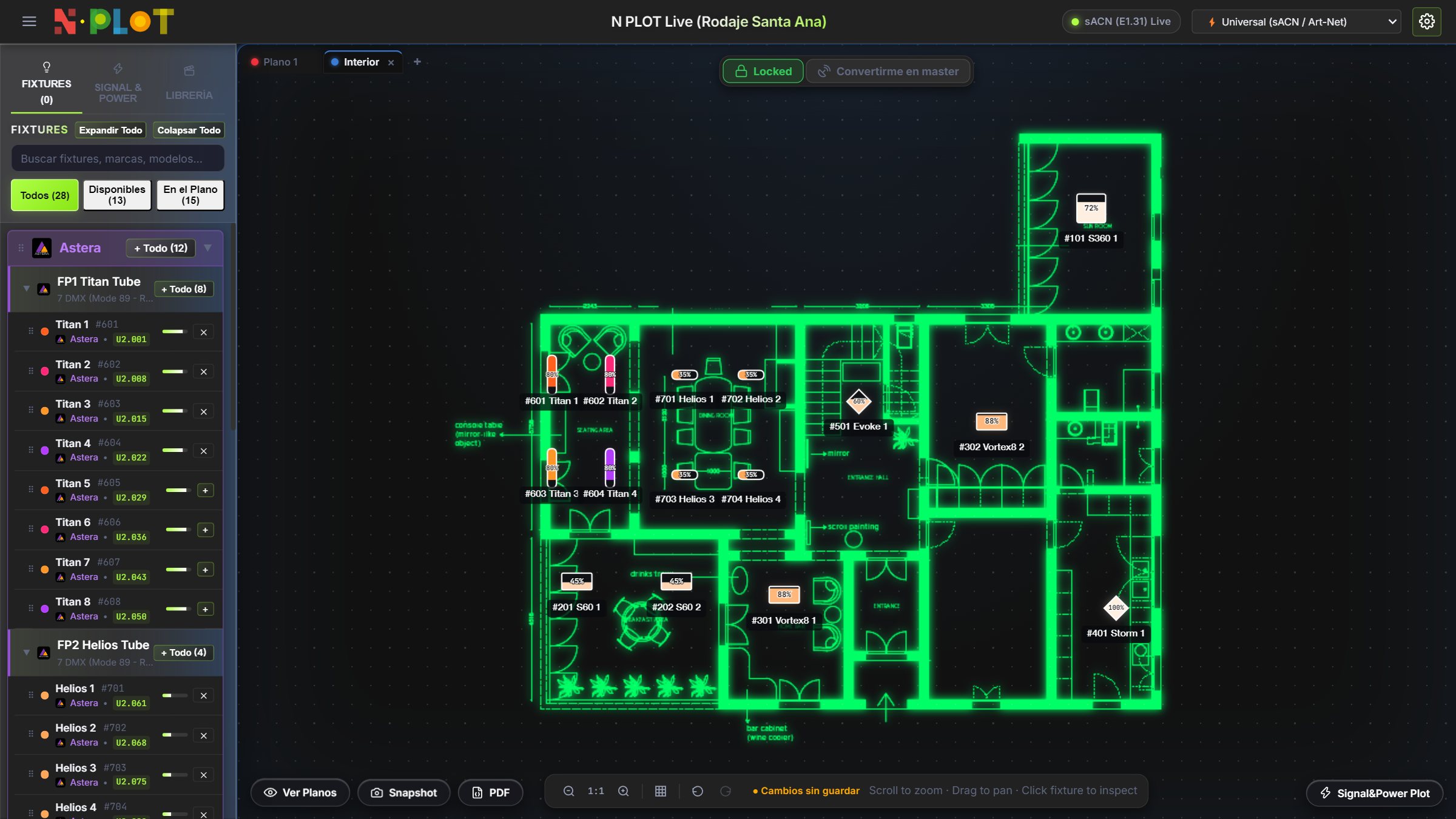 Plano de planta convertido a neón verde en N·PLOT, con aparatos Astera, SkyPanel y Vortex en las habitaciones